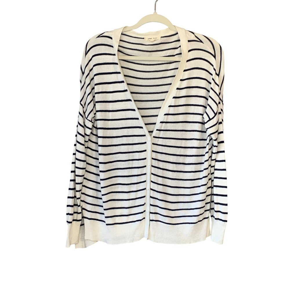 Pink Rose Cardigan Sweater Women's‎ L White Black Striped Knit Long Sleeve
